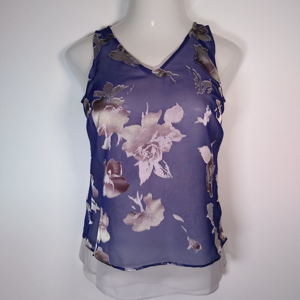 Simply Vera Purple White Floral Sheer V Neck Tank Top Women Feminine Size XS